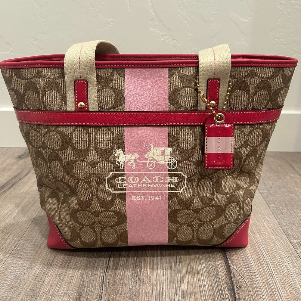 Coach Signature Stripe Heritage Tote, Pink